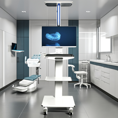 Xe đẩy di động máy quét răng màu trắng với giá đỡ màn hình Xe đẩy dụng cụ nha khoa bằng kim loại Xe đẩy nha khoa di động