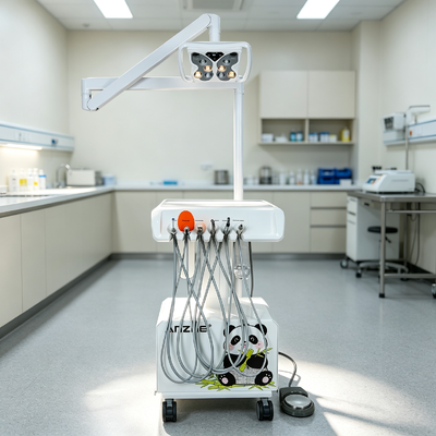 Giá tốt Xe đẩy nha khoa thú y di động với đèn LED đa màu cánh bướm, máy nén khí không dầu siêu êm tích hợp và máy cạo vôi răng siêu âm Woodpecker trực tuyến